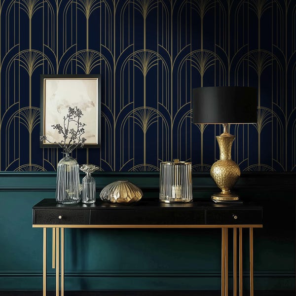 Art Deco Navy & Gold Fan Wallpaper - Gatsby Style Peel and Stick Wall Mural
