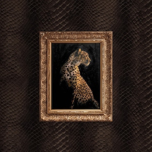 May include: A framed painting of a cheetah with a black background. The cheetah is depicted in profile, with a spotted coat and a golden frame. The background is a dark brown, textured pattern.