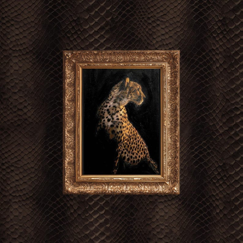 May include: A framed painting of a cheetah with a black background. The cheetah is depicted in profile, with a spotted coat and a golden frame. The background is a dark brown, textured pattern.