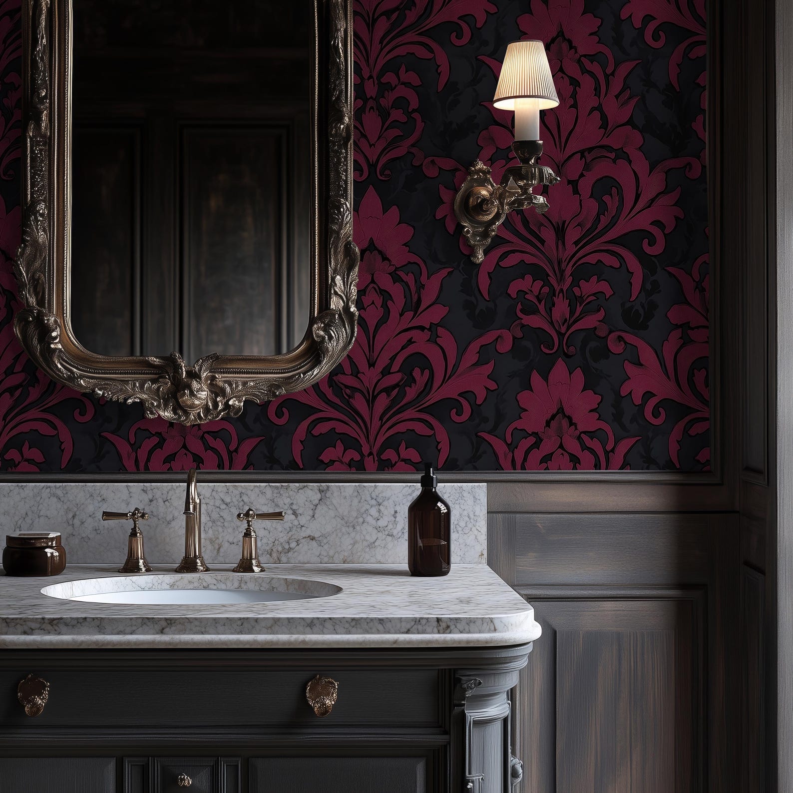 Dark Gothic Damask Wallpaper - Burgundy and Black Baroque Luxe Interior ...