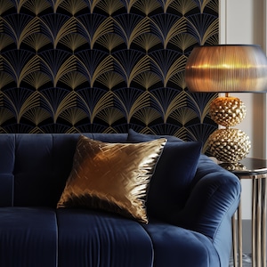Luxury Art Deco Wallpaper, Navy Gold Fan Wall Mural, Gatsby Style Elegant Interior, 1920s Vintage Geometric Decor, Statement Wall Art