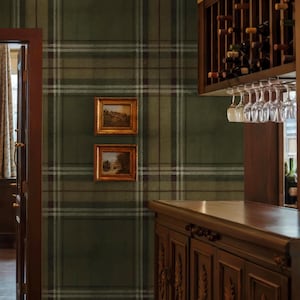 May include: Interior view of a room with green plaid wallpaper and two framed landscape paintings. A wooden bar area includes a wine rack, hanging glasses, and a cabinet with carvings. The door frame is dark wood.