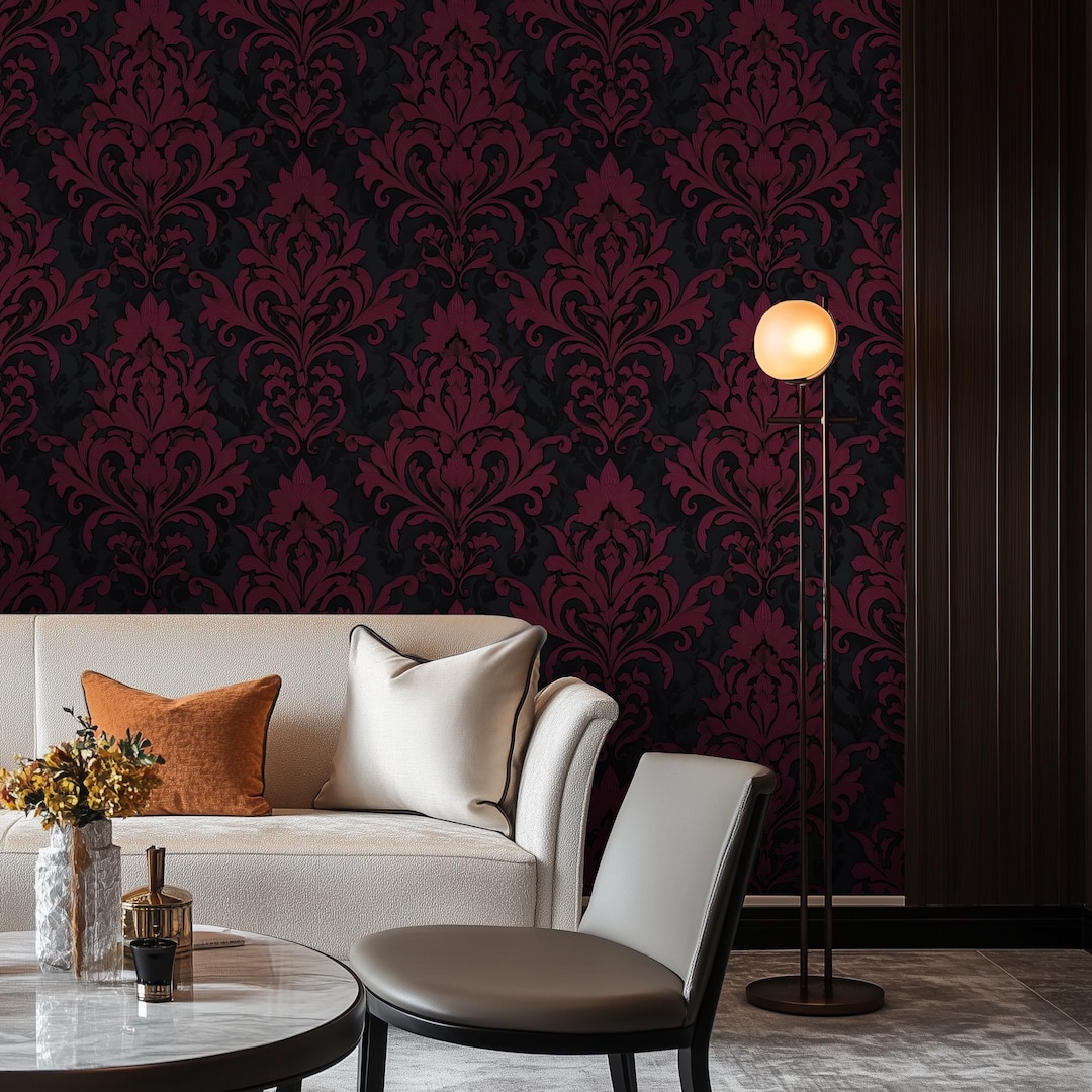 Dark Gothic Damask Wallpaper - Burgundy and Black Baroque Luxe Interior ...