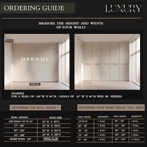 May include: An ordering guide with instructions for measuring wall height and width. The guide includes examples and charts to determine the roll size and quantity needed for wallpaper projects. The text is in white on a dark background.