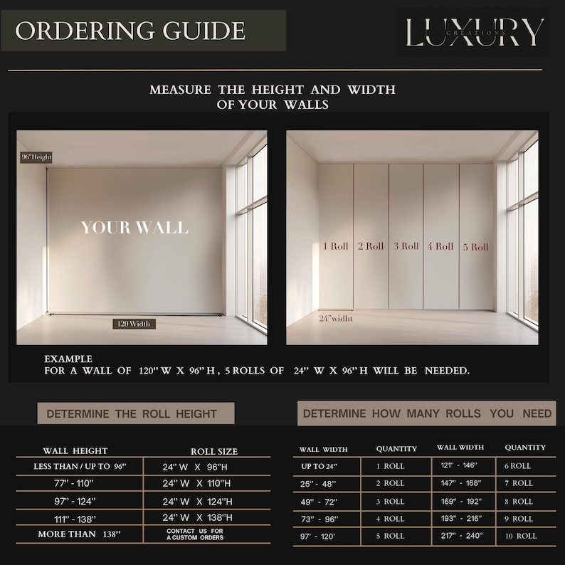May include: An ordering guide with instructions for measuring wall height and width. The guide includes examples and charts to determine the roll size and quantity needed for wallpaper projects. The text is in white on a dark background.
