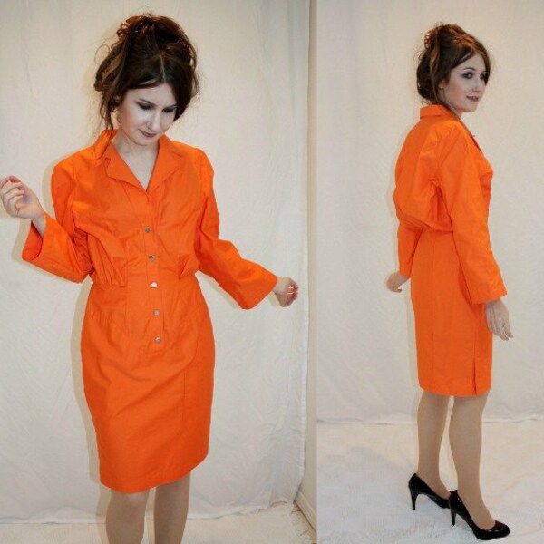 1980 roku Thierry Mugler sukienka pomarańczowy Projektant niesamowite Vintage Retro Hipster High Fashion rozmiar małe Euro rozmiar 40