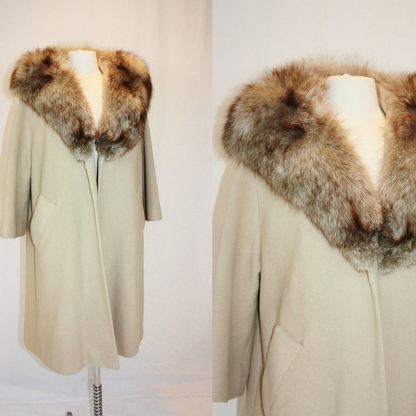 1960 's Tan vacht Fox kraag bont Vintage Retro 60s Hipster wol MidCentury Beige maat kleine Medium groot