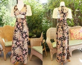 1970 39 s Floral And Lace Maxi Dress Size 5 Vintage REero 70 39 s Black Pink Tan Ivory Flutter Sleeves Hipster