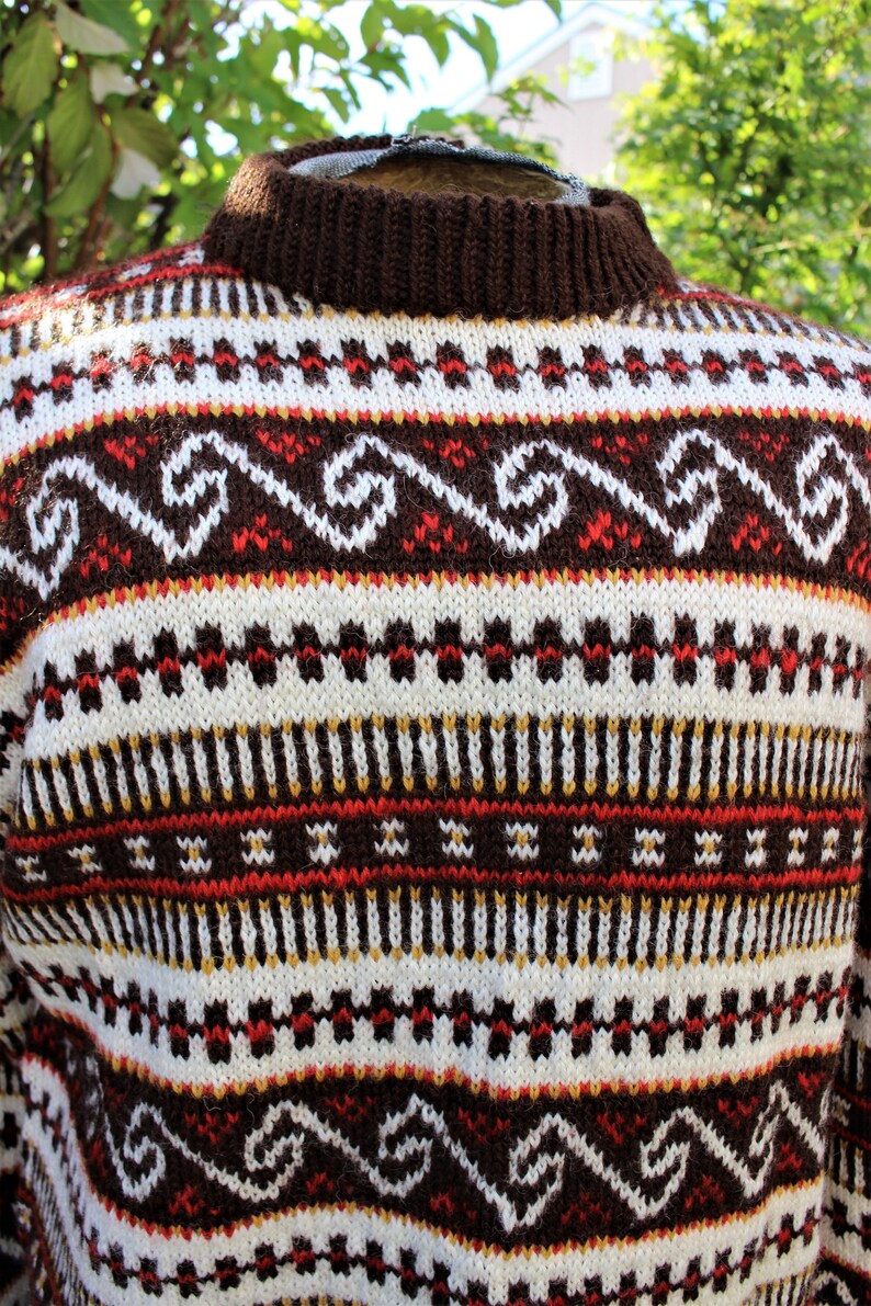 1980/'s Men/'s Norway Design Wool Pullover Sweater Stripes Hand Knitted Nordic Earth Tones Large Heavy Winter Ski Vintage Retro 1980/'s
