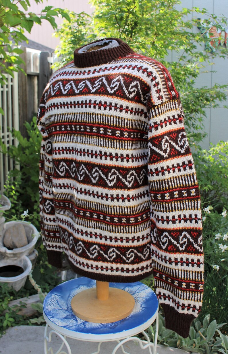 1980/'s Men/'s Norway Design Wool Pullover Sweater Stripes Hand Knitted Nordic Earth Tones Large Heavy Winter Ski Vintage Retro 1980/'s