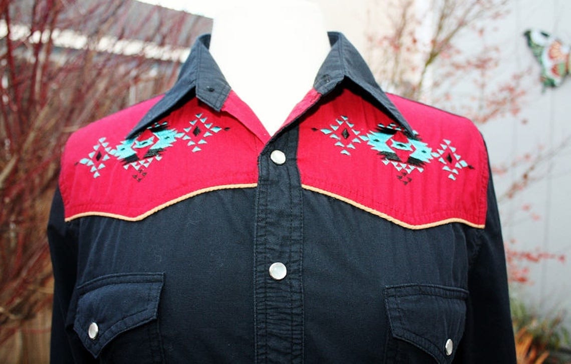 1990's Southwestern Shirt Blouse Black Red Embroidered | Etsy