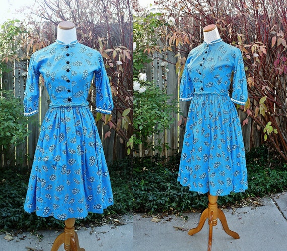 1960's Blue Cotton Square Dancing Dress X-Small B