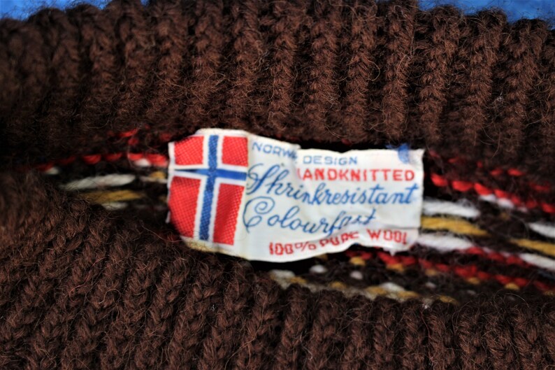 1980/'s Men/'s Norway Design Wool Pullover Sweater Stripes Hand Knitted Nordic Earth Tones Large Heavy Winter Ski Vintage Retro 1980/'s