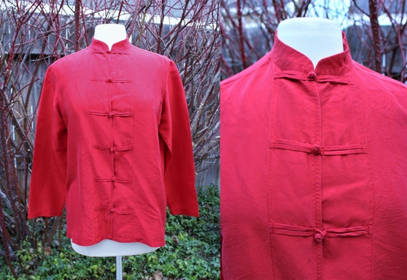 1990's Red Silk Chinses Blouse top Asian Tai Chi M