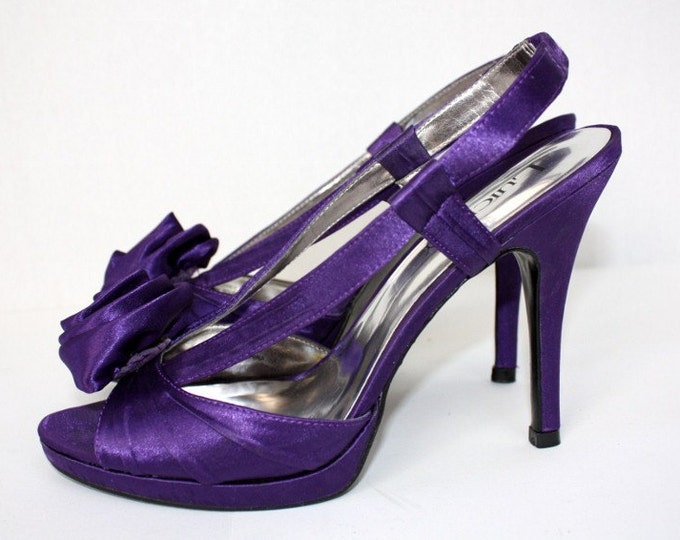 Purple Satin Slingback Pumps Heels Roses Opentoe Prom Party Cocktail