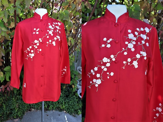 1990's Red Silk Chinese Blouse Embroidered White C
