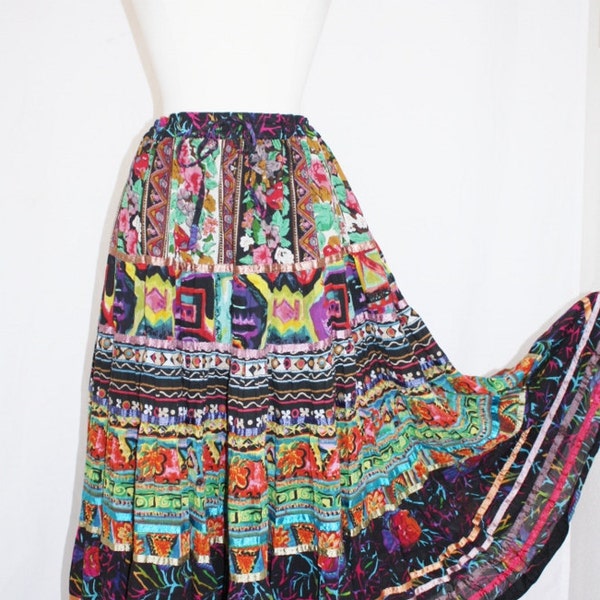 1990's Tiered Maxi Skirt Black Multicolored Boho Hippie X-Large Vintage Retro 90s Cotton Fiesta Gypsy