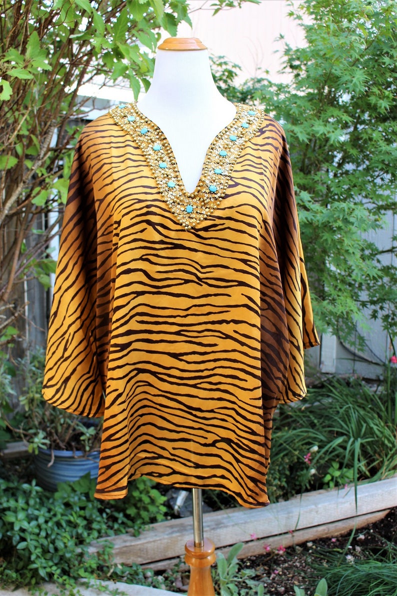 1990/'s embellished Tiger Top Blouse turquoise Plus Size 3X Vintage Retro 90/'s Exotic Animal Print Africa Silky Beaded Sequins Caftan Like