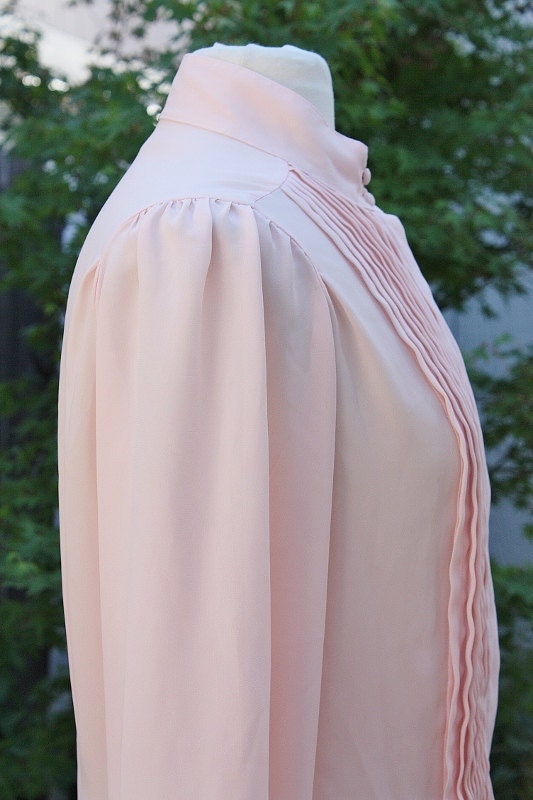 1990's Pink Blouse Pleated Tucks High Neck Medium-Large | Etsy