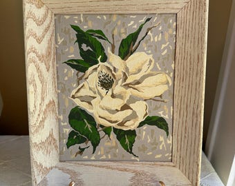 Vintage Magnolia Artwork | Framed Paint-By-Number Floral | Rustic Botanical Wall Decor | Mid-Century Cottagecore