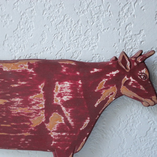 SALE Deep Red Funky Wood Cow