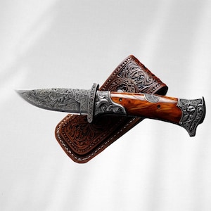 Handmade Engraved Hunting Knife Damascus Steel Blade with Ornate Handle Leather Sheath