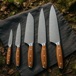 Damascus Steel Knife Set of 5 – Handcrafted Kitchen Knives with Engraved Blades & Wood Handles – Chef Knife Set Gift for Cooking Enthusiasts