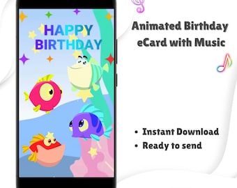 Animated Birthday eCard with Music Fish Video Greeting with Happy Birthday Song Virtual Card Fish Animation Digital MP4 Greeting for Phone