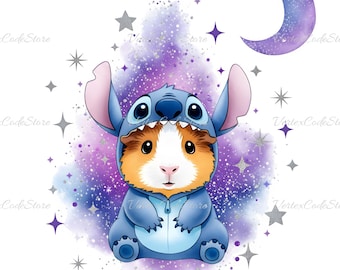 Guinea Pig in Stitch Costume Clipart Watercolor Baby Guinea Pig PNG Cute Animal Stitch Illustration Digital Download Printable Guinea Pig