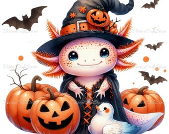 Aquarell Axolotl Halloween Clipart Kawaii Spooky Tier PNG Digital Download Axolotl Hexe Kürbis Illustration Handwerk Versorgung Sublimation