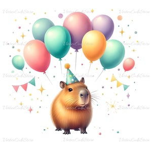 Capybara Birthday Clipart Watercolor Animal Party PNG Capybara Pastel Color Balloon Printable Capybara for Party Decor Sublimation cbp1