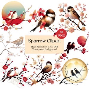 May include: A collection of sparrow clipart illustrations. The images feature birds perched on flowering branches with red and pink blossoms. The background includes stylized suns and moons. The text reads "Sparrow Clipart".