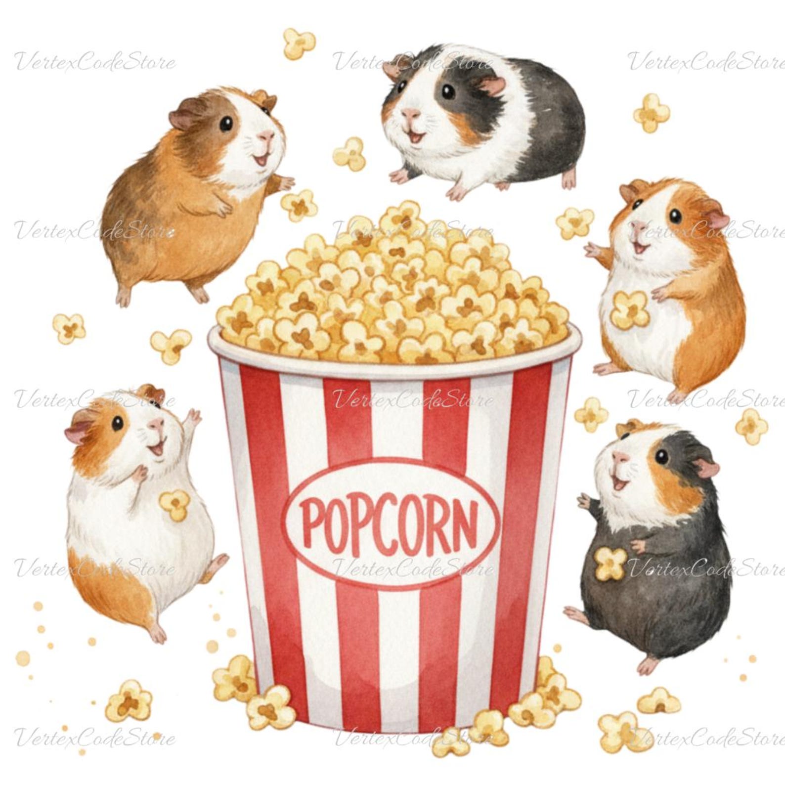 Kawaii Guinea Pig Popcorn Clipart Watercolor Small Pet Popcorning PNG 