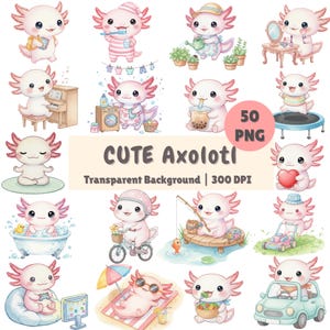 Watercolor Cute Axolotl Clipart Bundle, Kawaii Animal PNG Daily Activities, Watercolor Axolotl Salamander Printable, Digital Download