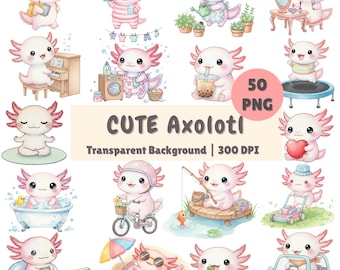Watercolor Cute Axolotl Clipart Bundle, Kawaii Animal PNG Daily Activities, Watercolor Axolotl Salamander Printable, Digital Download