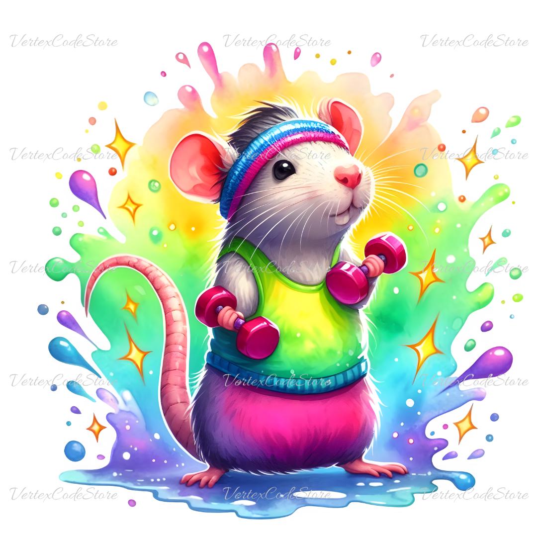Cute Gym Rat Clipart Bundle Watercolor Animal Fitness PNG Printable ...