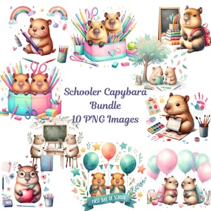 Capybara Schuler Clipart 10 PNG Bundle Baby Tier Schüler Bilder Digital Download Aquarell Vorschule Kindergarten Capy Illustration