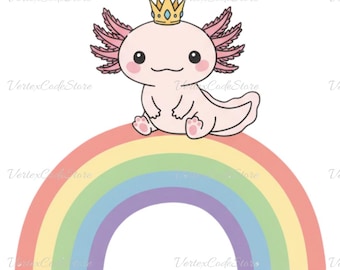 Kawaii Axolotl su arcobaleno Clipart Acquerello Creatura marina Festa Illustrazione PNG Sfondo trasparente axbp1