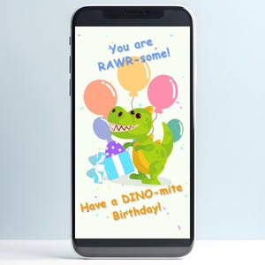 Geanimeerde e-kaart verjaardag dinosaurus – kleurrijke digitale T-Rex-wenskaart voor kinderen, direct download voor jongen, kleinzoon, neef of broer