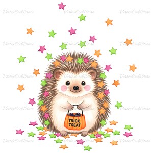 May include: A cute hedgehog illustration with a Halloween theme. The hedgehog is holding a pumpkin-shaped candy bag that says "TRICK TREAT". Colorful stars in orange, pink, and green surround the hedgehog, creating a festive design.