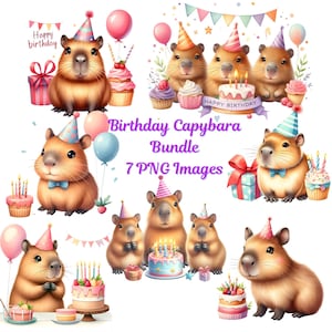Geburtstag Capybara 7 PNG-Bilder Clipart Bundle Aquarell Party Tier Illustrationen Capy Geburtstag Pastell Ballon Cupcake Digital Download
