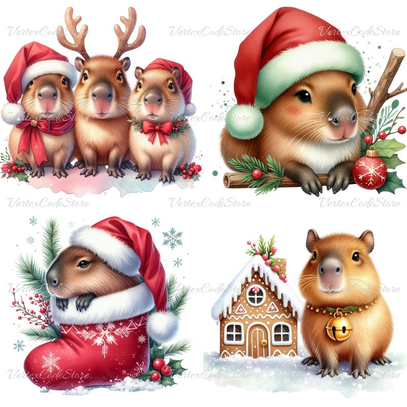 May include: Watercolor illustrations of capybaras in festive Christmas attire. One wears a Santa hat, another a reindeer antler headband, and a third a red bow. Other images include a capybara in a stocking, and one with a bell.