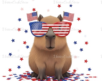 4th of July Capybara Clipart Watercolor Independence Day Animal Image PNG Digital Download Cute Patriotic Capy US Flag Stars Illustration