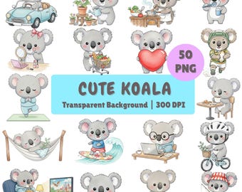 Koala Daily Activities Clipart Bundle, Kawaii Watercolor Australian Animal PNG, Printable Koala Digital Sticker