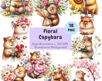 Floral Capybara Clipart Bundle, Watercolor Cute Capybara with Flowers PNG Set, Transparent Background, Commercial Use