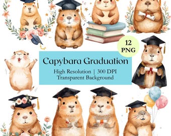 Capybara Graduation Clipart Bundle, Watercolor Animal Student Celebration PNG, Printable School Party Decoration Design, Commercial License