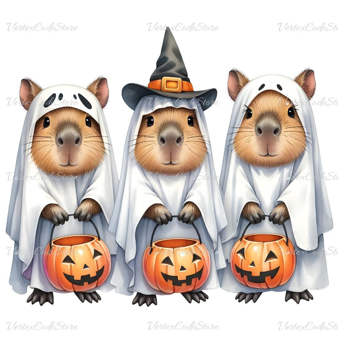Kawaii Capybara Ghost Clipart: Watercolor Halloween PNG (digital ...