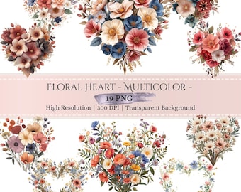 Watercolor Flora Heart PNG Bundle, Heart Shape Flower Clipart, Printable Wildflower Bouquet Pastel Wreath for Wedding Birthday Mother's Day