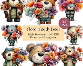 Floral Teddy Bear Clipart Bundle, Watercolor Animal with Flowers PNG, Whimsical Nursery Art Printable Graphics, Commercial License