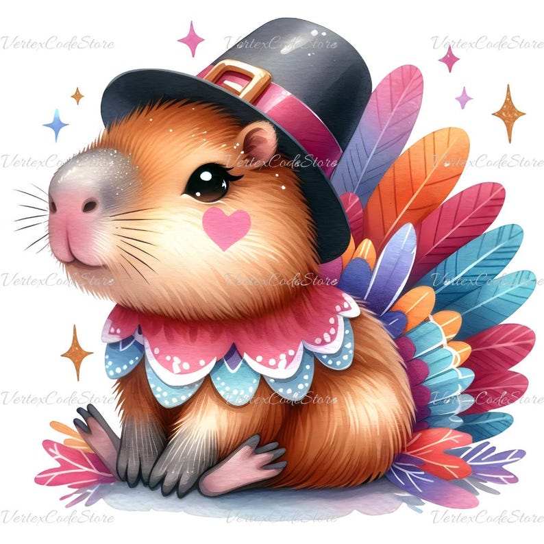 Thanksiving Capybara Watercolor Capybara Thanksgiving Clipart Cute Baby Animal Disguised as ...